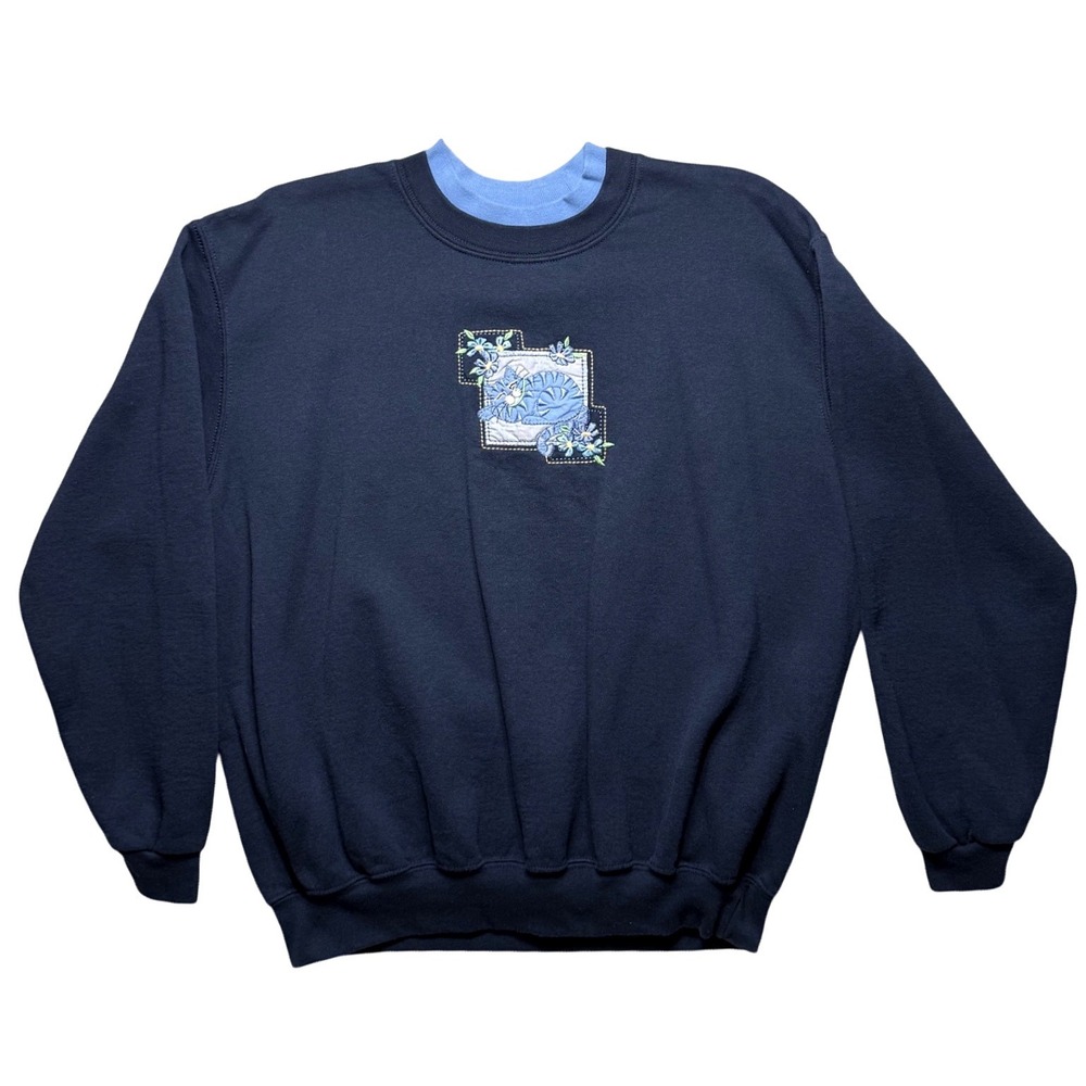 Day‎ Breeze Vtg Navy Blue Embroidered Cat Sweatshirt XL 1X Oversized 90s Grandma